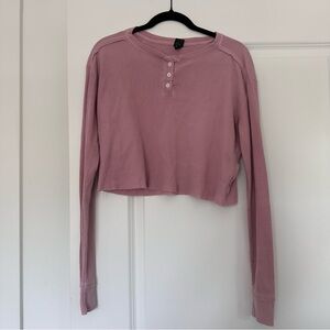 Wild Fable (L) Pink Thermal Waffle Knit Cropped Raw Hem Henley Longsleeve Top